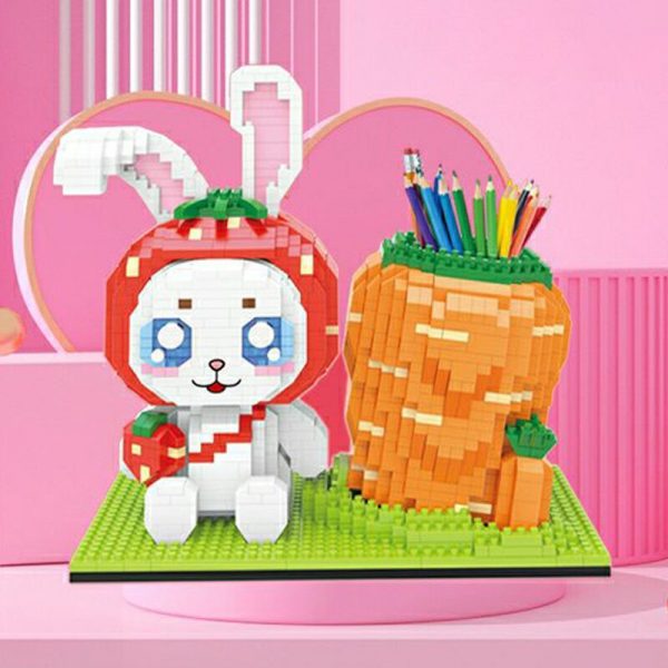HC 3327 Cute White Rabbit Strawberry Carrot Animal Pen Holder Model Mini Diamond Blocks Bricks Building 1 - LOZ™ MINI BLOCKS