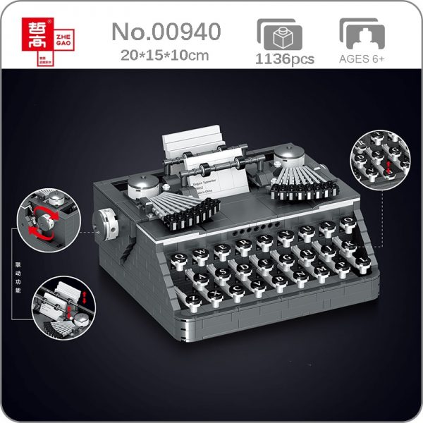 Lin 00940 Classic Retro Typewriter Keyboard Model Movable Science Collection Mini Blocks Bricks Building Toy for - LOZ™ MINI BLOCKS