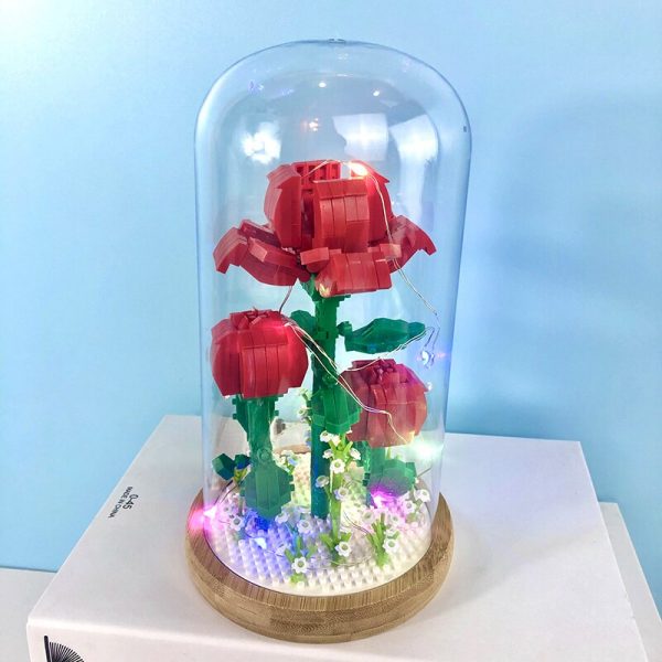 WS 2699 Rote Rose valentinstag Blume Bouquet Led Licht Display Box Abdeckung Holz Basis Mini Diamant 2 - LOZ™ MINI BLOCKS