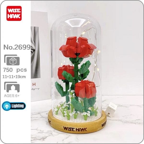 WS 2699 Rote Rose valentinstag Blume Bouquet Led Licht Display Box Abdeckung Holz Basis Mini Diamant - LOZ™ MINI BLOCKS